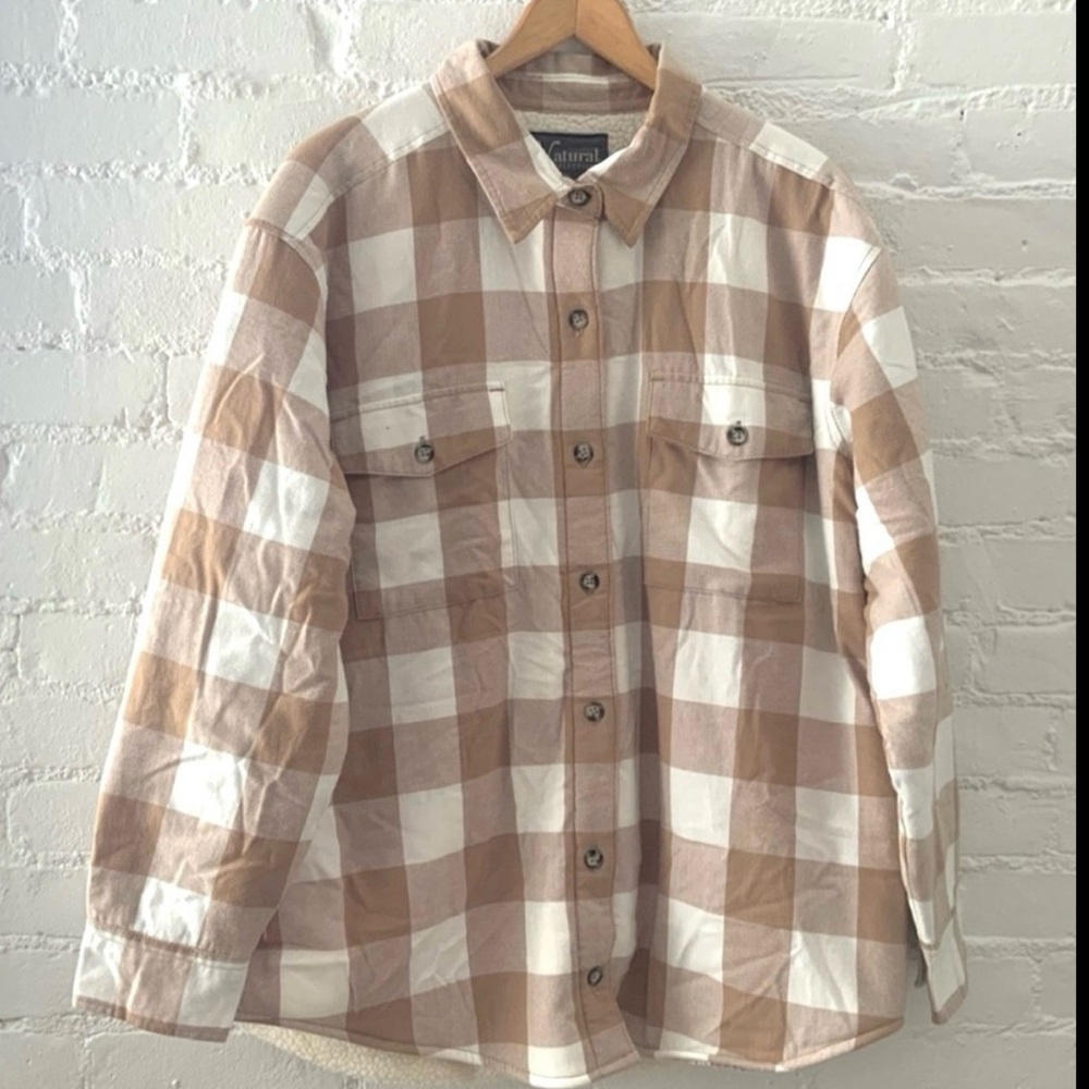 Natural Reflections Womens Flannel Shirt Tan Plaid Button Up Shacket Outdoor L